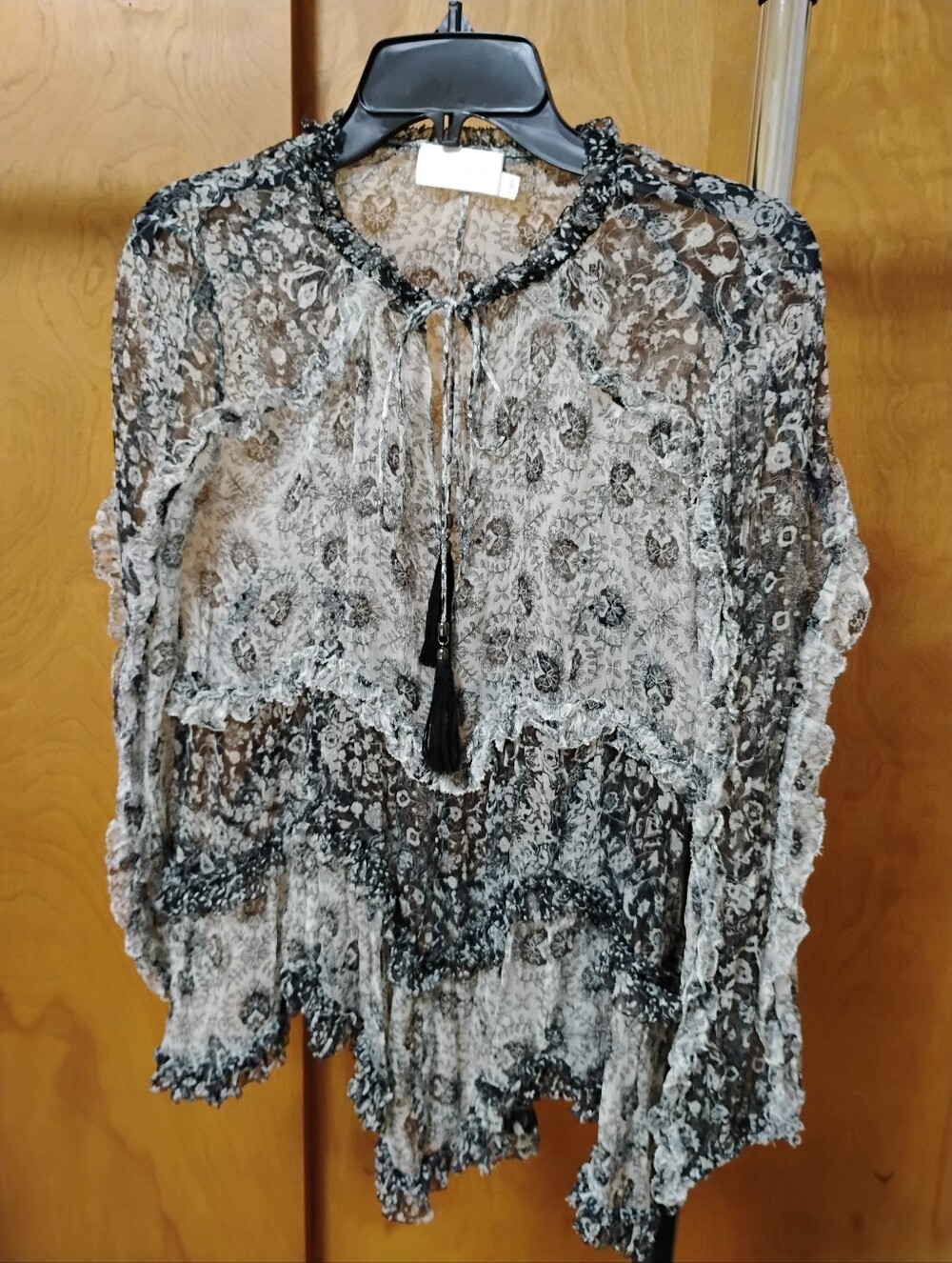 Zimmerman Sheer Lace-Trim Boho Blouse - Black & White